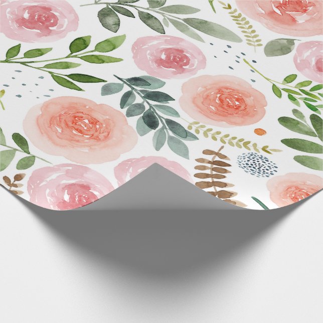Papier Cadeau Roses d'aquarelle et Feuilles de verdure  (Coin)