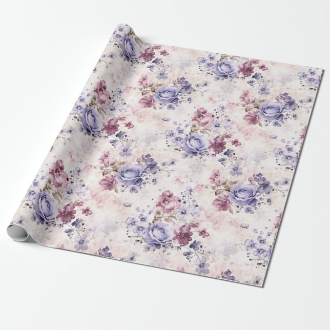 Papier Cadeau Roses d'aquarelle romantique violet (Déroulé)