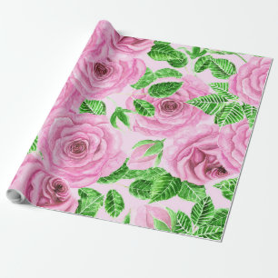 Papier Cadeau Roses d'aquarelle rose avec feuilles et bourgeons 