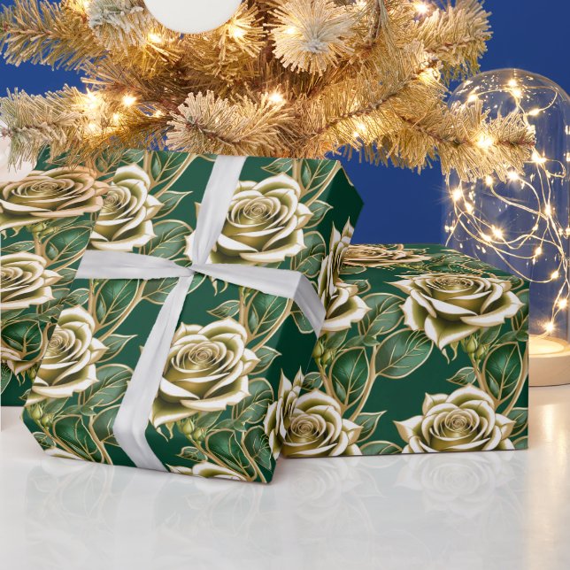 Papier Cadeau Roses Dorées Avec Feuilles Vert Émeraude  (Vacances)