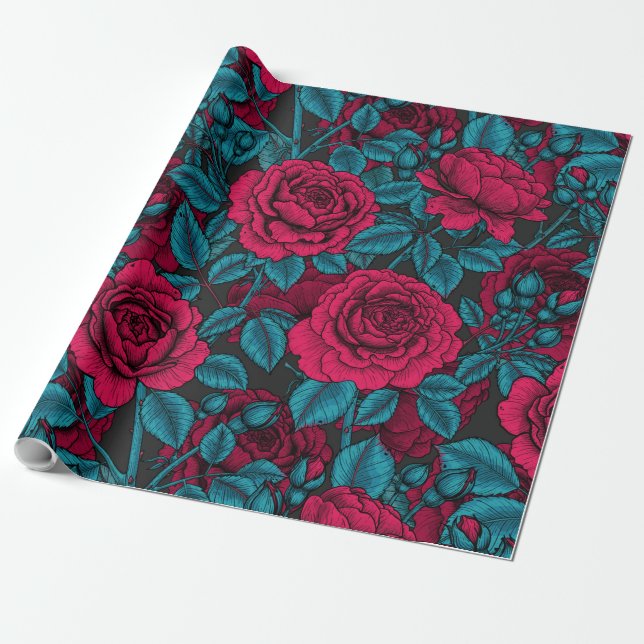 Papier Cadeau Roses en rouge et bleu (Déroulé)