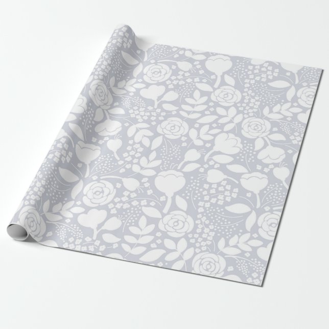 Papier Cadeau Roses et fleurs blanc et gris motif (Déroulé)