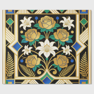 Papier Cadeau Roses et Lys Art Déco Élégants Dorés