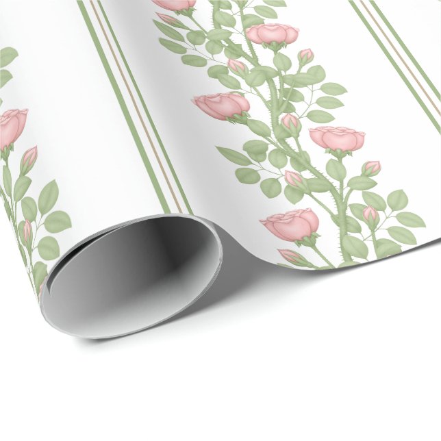 Papier Cadeau Roses et rayures roses sur blanc (Coin rond)