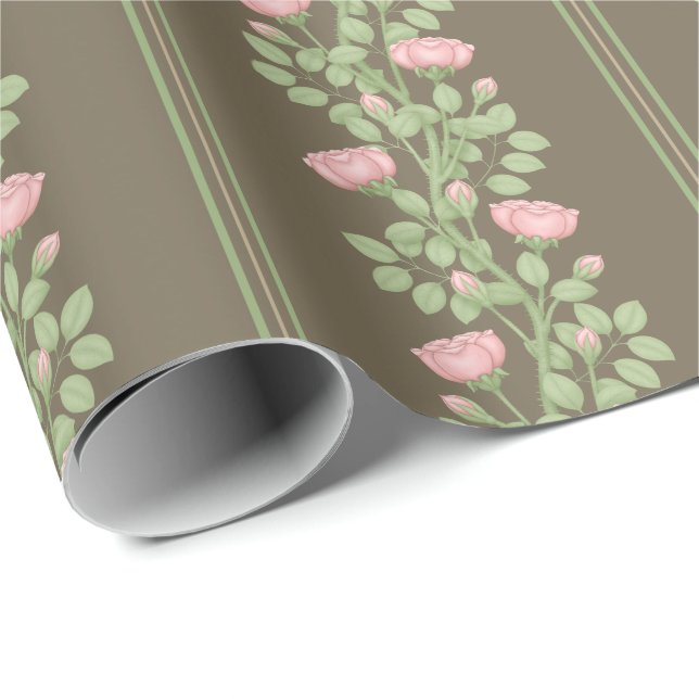 Papier Cadeau Roses et rayures roses sur Brown (Coin rond)