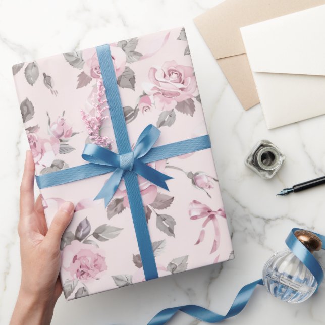 Papier Cadeau Roses et vaches rose pâle Mariage floral (Cadeaux)