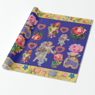 PAPIER CADEAU ROSES, FLEURS, PÈRES, ANGELS ET COEURS EN BLEU