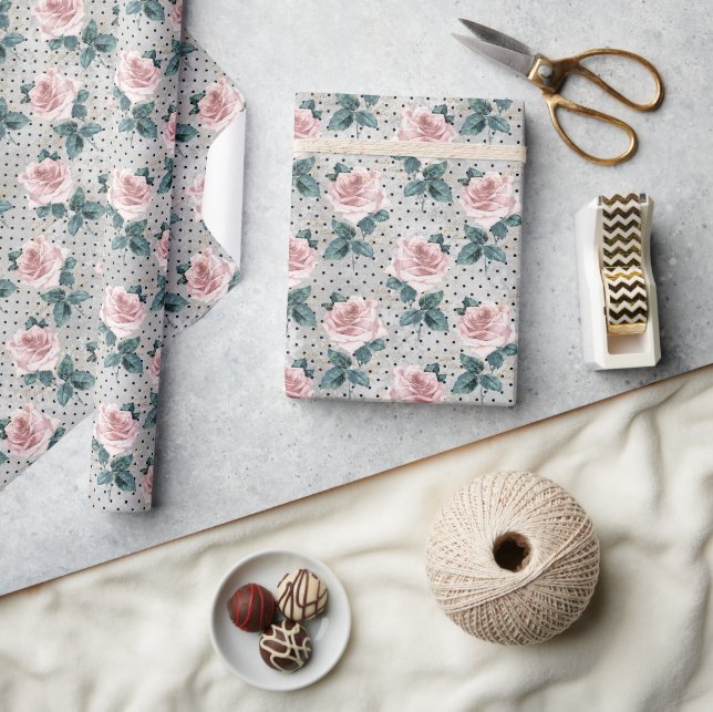Papier Cadeau Roses Fleurs Roses Blush Gris Points Floraux (Artisanat)