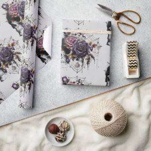 Papier Cadeau Roses gothiques simples et crâne fête d'Halloween