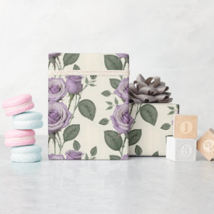 Papier Cadeau Roses lavande avec feuilles argentées et vertes
