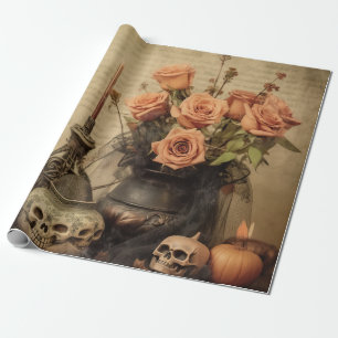 Papier Cadeau Roses Macabres Vintage Crânes Sépia