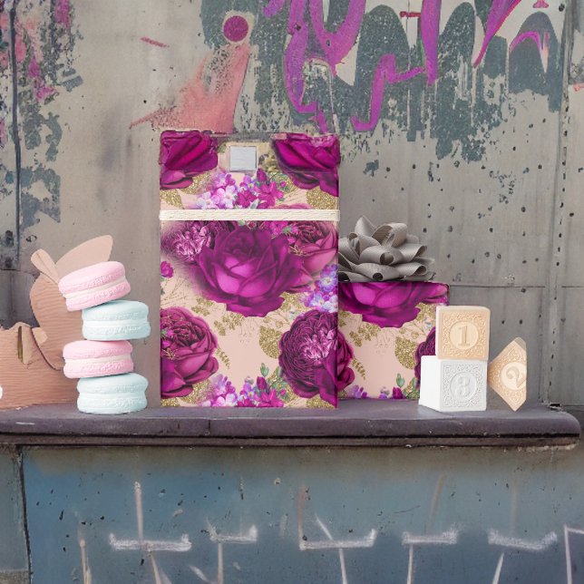 Papier Cadeau Roses magenta romantiques et Feuilles d'or sur la  (Créateur téléchargé)