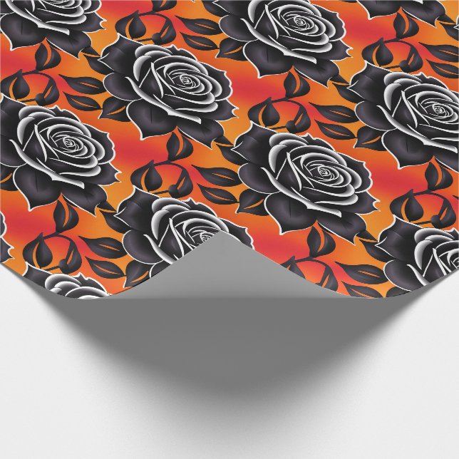 Papier Cadeau Roses Noires Foncées Avec Des Contours Blancs (Coin)