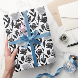 Papier Cadeau Roses noires minimalistes avec des tiges gris clai