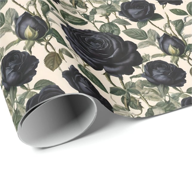 Papier Cadeau Roses Noirs Et Feuilles Verts, (Coin rond)