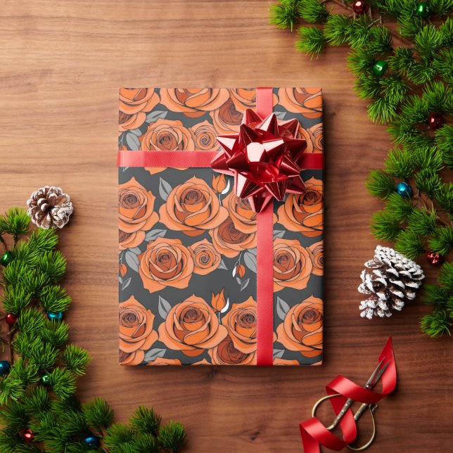 Papier Cadeau Roses Orange Rouillé Chaud (Cadeau de vacances)