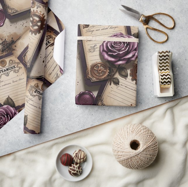Papier Cadeau Roses prune Mécanique Steampunk  (Artisanat)
