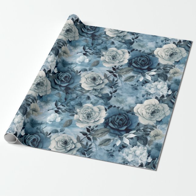 Papier Cadeau Roses romantiques Dusty Blue (Déroulé)