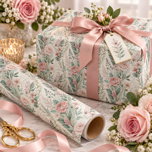 Papier Cadeau Roses Rose Pâle Feuillage Vert Sauge