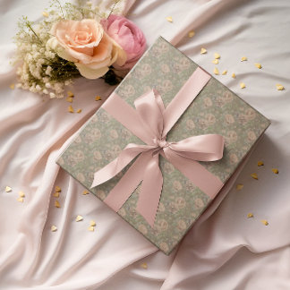 Papier Cadeau Roses Rose Pêche Claire Vintage Vert Poussiéreux