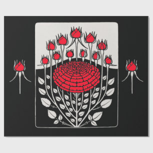 Papier Cadeau ROSES ROSEBUDS Art Nouveau Floral NOIR BLANC ROUGE