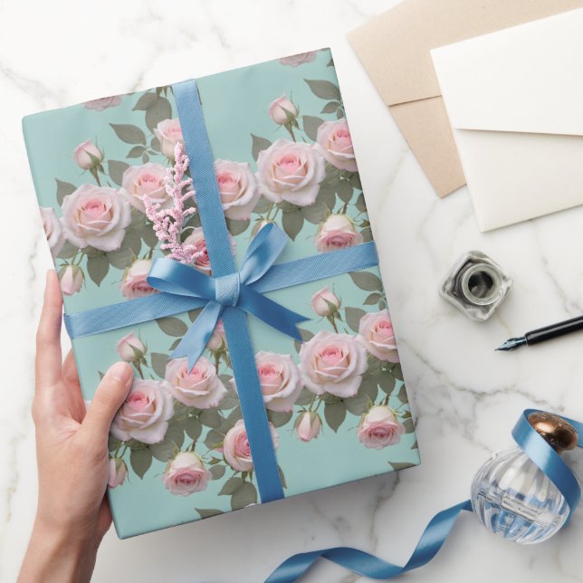 Papier Cadeau Roses roses bébé avec feuilles vert sauge (Cadeaux)
