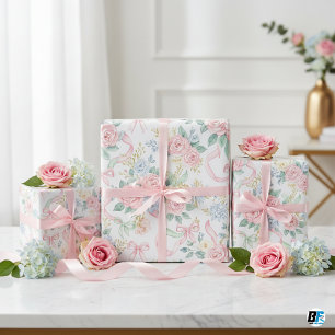 Papier Cadeau Roses roses en aquarelle rubans et noeuds floraux 