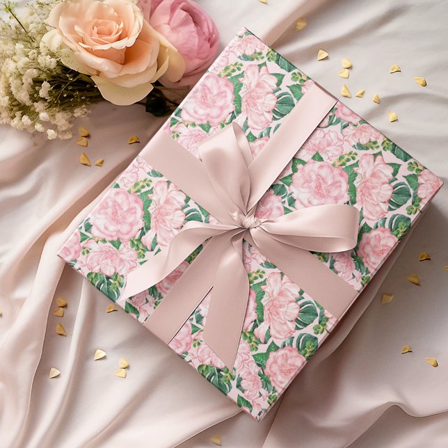 Papier Cadeau Roses roses et Monstera Feuille Floral (Créateur téléchargé)