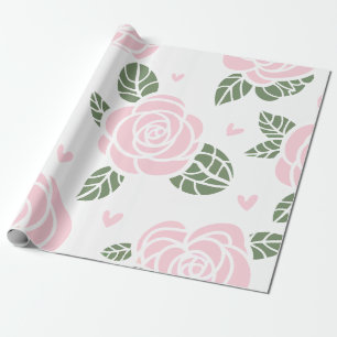 Papier Cadeau Roses roses Motif avec Feuilles verts et Coeurs