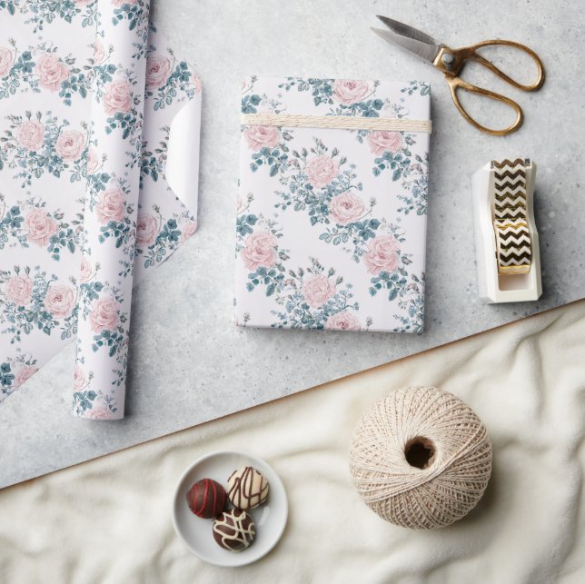 Papier Cadeau Roses roses sur blanc (Artisanat)
