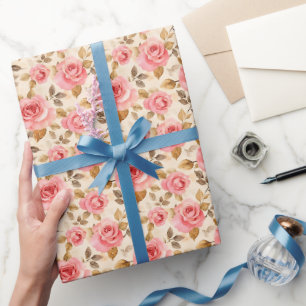 Papier Cadeau Roses roses sur jaune pâle