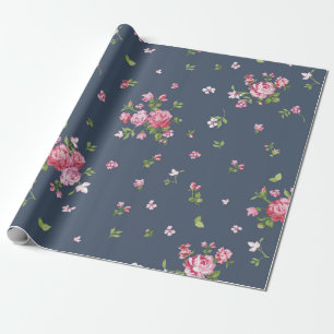 Papier Cadeau Roses roses vintages Motif Floral Marine Bleu