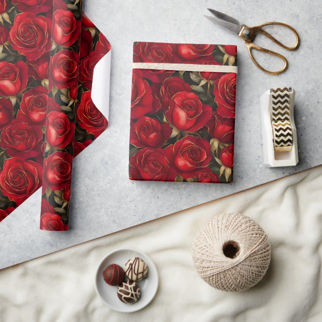 Papier Cadeau Roses rouge et or (Artisanat)