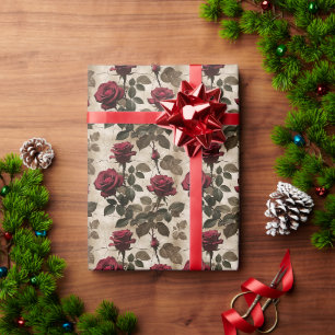 Papier Cadeau Roses Rouge Profond Avec Feuilles Vert Foncé