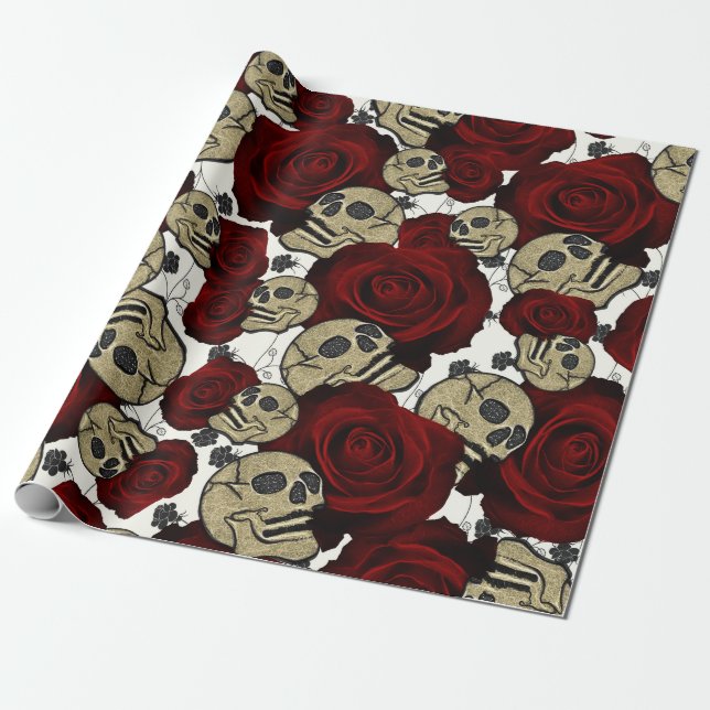Papier Cadeau Roses Rouges & Crânes Fleur Noir Gothique Blanc (Déroulé)
