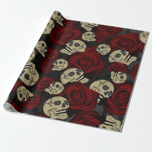 Papier Cadeau Roses Rouges & Crânes Floral Gothique Gris Noir