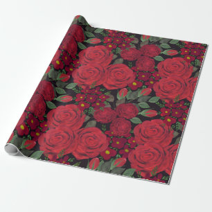 Papier Cadeau Roses rouges d'aquarelle sur le noir,