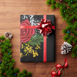 Papier Cadeau Roses Rouges Élégantes Fleurs Jaunes Blanches Aqua