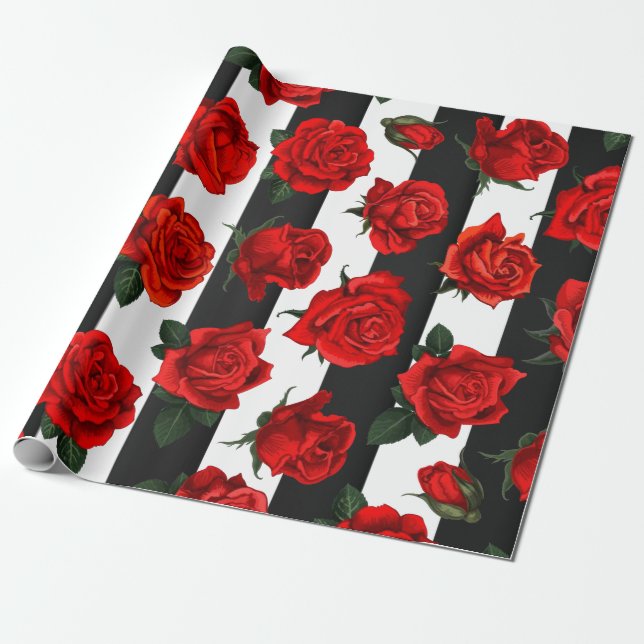 Papier Cadeau  Roses rouges élégantes sur bandes noires et blanc (Déroulé)