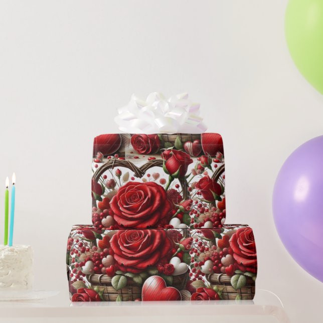 Papier Cadeau Roses rouges et coeurs pour la Saint-Valentin  (Cadeaux de fête)