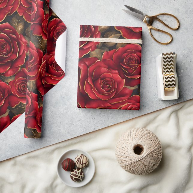 Papier Cadeau Roses rouges et dorées  (Artisanat)