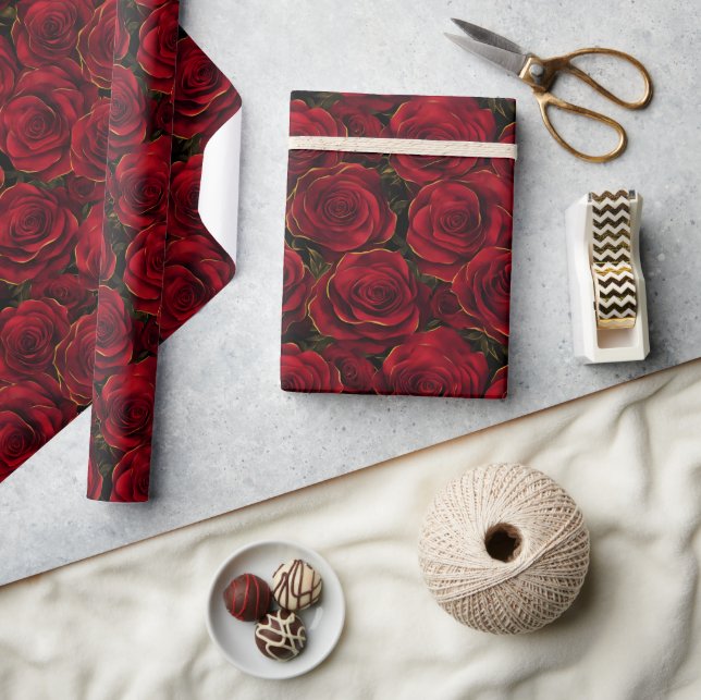 Papier Cadeau Roses rouges et dorées  (Artisanat)