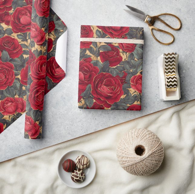 Papier Cadeau Roses rouges et dorées  (Artisanat)