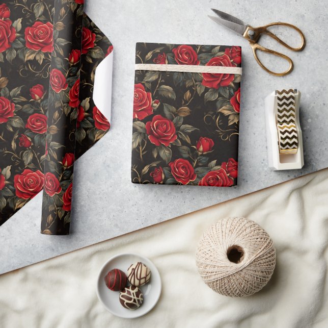 Papier Cadeau Roses rouges et dorées  (Artisanat)