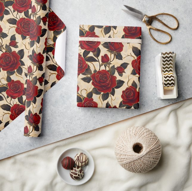 Papier Cadeau Roses rouges et dorées  (Artisanat)
