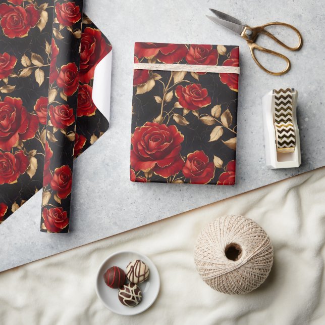 Papier Cadeau Roses rouges et dorées  (Artisanat)