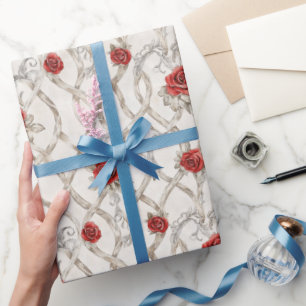 Papier Cadeau Roses Rouges Faux Bois Floral Amour