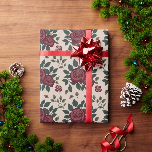 Papier Cadeau Roses rouges foncés avec des feuilles vertes (Cadeau de vacances)