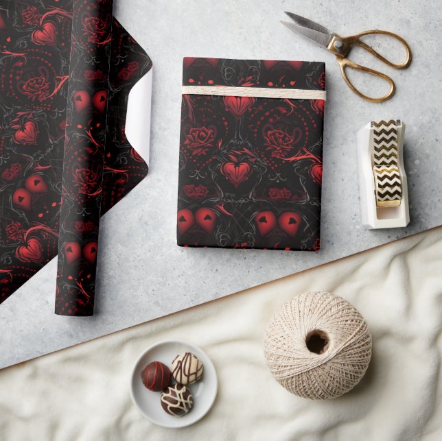 Papier Cadeau Roses rouges gothiques et cœurs rouges (Artisanat)