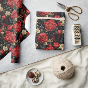 Papier Cadeau Roses rouges romantiques et Fleurs blanches de van